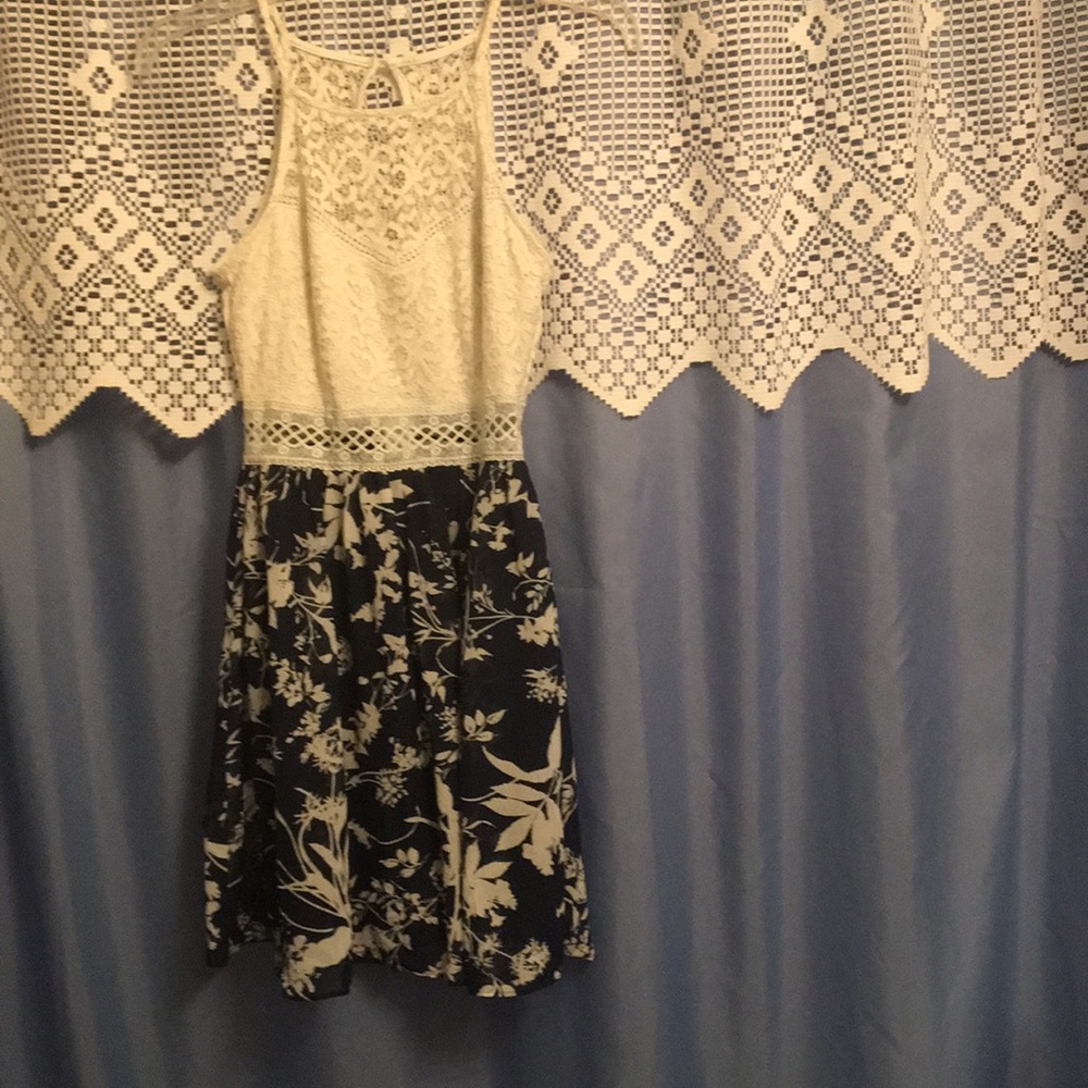 by & by Cream Lace Top Navy Floral Mini Dress